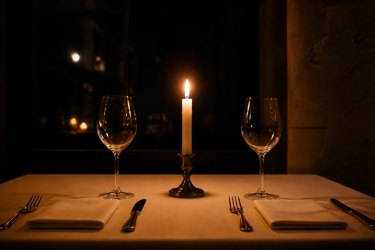 Table dressée pour deux avec bougie allumée et verres à pied