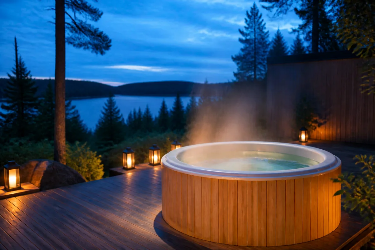 Bain à remous en bois clair sur une terrasse au crépuscule