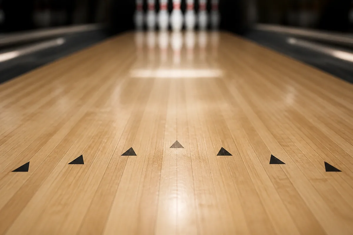 Vue rapprochée des flèches de repère triangulaires sur le bois verni d&rsquo;une piste de bowling