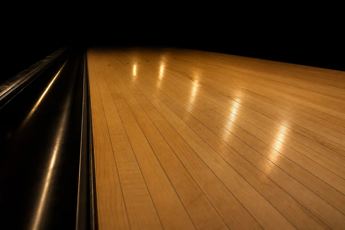 Piste de bowling vide vue depuis la zone d&rsquo;élan, quilles alignées au fond sous un éclairage de salle