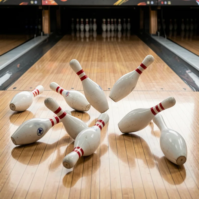 Séquence de chute des quilles de bowling après un impact dans la poche