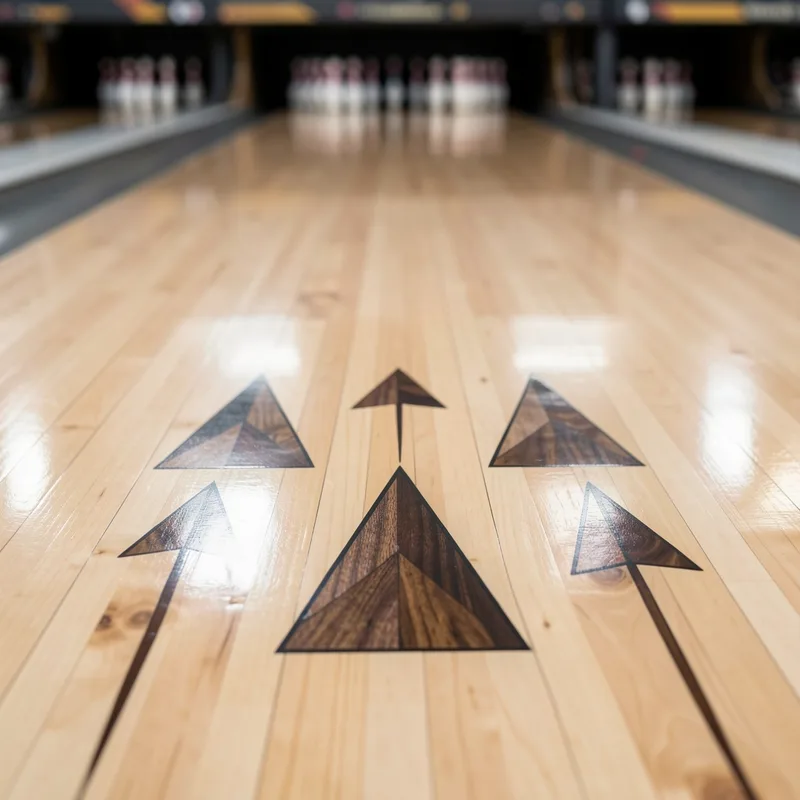 Flèches de visée incrustées dans le bois d’une piste de bowling