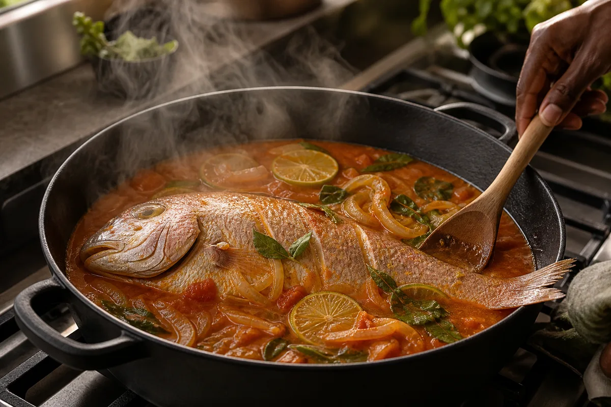 Poisson entier mijoté dans un jus tomaté relevé, servi en cuisine créole