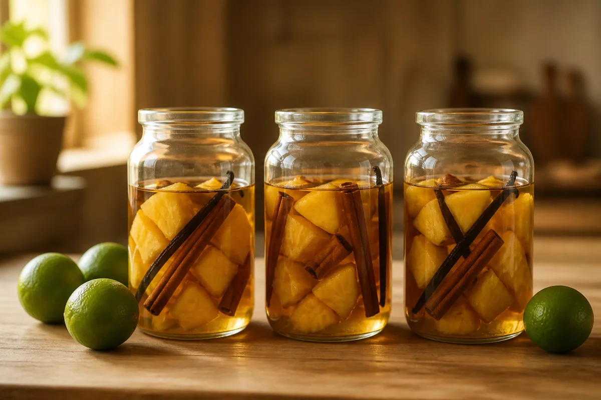 Bocaux de verre lisses remplis de fruits macérés et de bâtons de cannelle sur un plan de travail en bois